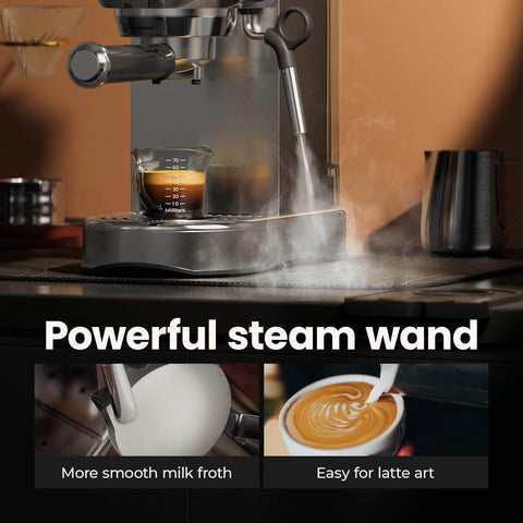 20 Bar Espresso Machine With Steam Wand, Compact Stainless Steel Coffee Maker for Lattes and Cappuccinos with steaming milk feature.