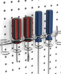 Screwdrivers hanging on 80 Piece Pegboard Hook Set With Bins And Locks For DIY Tool Organization, 13 Types Including Straight, Curved, Angled Hooks And Bins, Fits 1/8 And 1/4 Inch Pegboards With 1 Inch Spacing, Sturdy Iron Construction