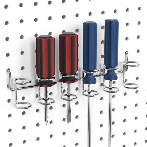 Screwdrivers hanging on 80 Piece Pegboard Hook Set With Bins And Locks For DIY Tool Organization, 13 Types Including Straight, Curved, Angled Hooks And Bins, Fits 1/8 And 1/4 Inch Pegboards With 1 Inch Spacing, Sturdy Iron Construction