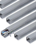 Six Piece Open Slot Wiring Raceway Duct For Under Desk Cable Management and Cord Track Black PVC with visible wires inside.