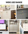 10 Pack Gold Cabinet Knobs 2 Inch Brushed Brass Drawer Knobs Single Hole For Cabinets Doors And Drawers Modern Sleek Design Premium Metal Pulls For Kitchen And Bath Easy Install Durable Hardware, shown on kitchen, bath, and bedroom cabinets