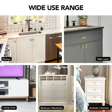 10 Pack Gold Cabinet Knobs 2 Inch Brushed Brass Drawer Knobs Single Hole For Cabinets Doors And Drawers Modern Sleek Design Premium Metal Pulls For Kitchen And Bath Easy Install Durable Hardware, shown on kitchen, bath, and bedroom cabinets