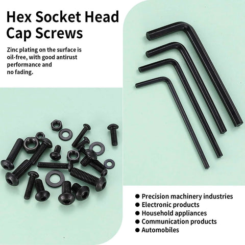 Hex socket head cap screws and Allen wrenches from the 1170 Pcs Metric Bolts And Nuts Set With M3 M4 M5 M6 Hex Socket Button Head Screws Washers And Nuts Kit For Heavy Duty Machine Assembly And DIY Projects.