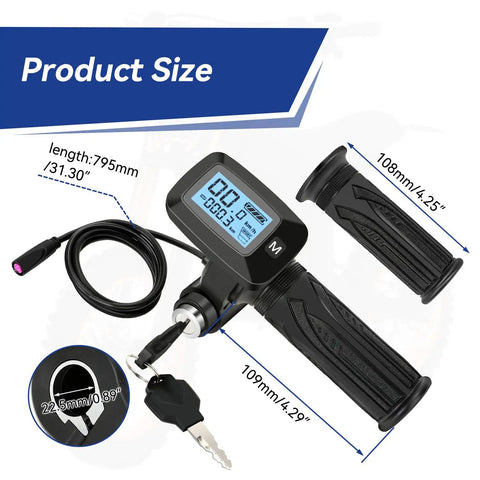 Ebike Throttle Kit With M Button For Tuttio Soleil01 Electric Dirt Bike And Tutto E Bike With LED Display Replacement Grips shown with size dimensions
