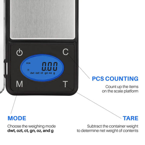 Ultra Slim Digital Pocket Scale 600g Capacity At 0.1g Increments With Counting Feature, blue LCD display visible