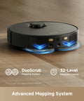 Front view of black DREAME L40 Ultra Gen 2 robot vacuum and mop on wooden floor with blue lights.