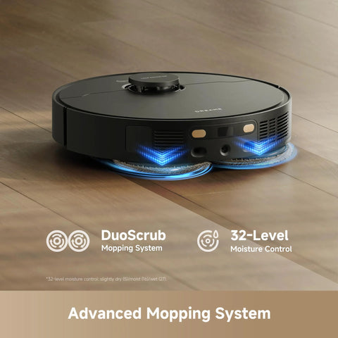 Front view of black DREAME L40 Ultra Gen 2 robot vacuum and mop on wooden floor with blue lights.