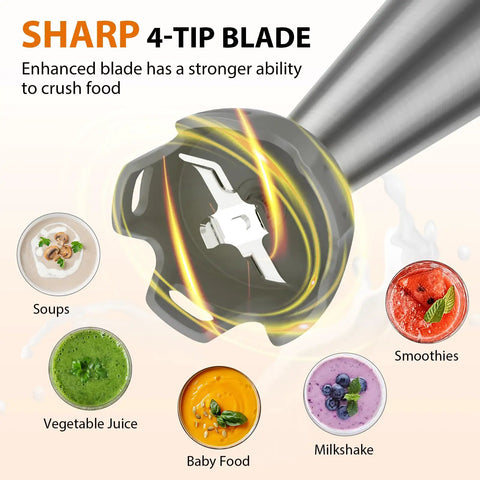 Image showing sharp 4-tip blade of Powerful 1000W Immersion Hand Blender 3-in-1 Pro-Grade Stick with Turbo Mode, suitable for soups and smoothies.