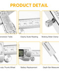 Product detail images of a 6 Inch Digital Caliper In Stainless Steel With Inch Metric And Fractions Conversion Large LCD Display Accurate To 0.01mm Perfect For DIY Home And Professional Use, featuring conversion table, reading scale, clamp screw, thumb wheel, battery, and depth bar measurement.