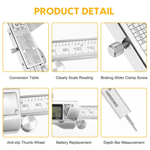 Product detail images of a 6 Inch Digital Caliper In Stainless Steel With Inch Metric And Fractions Conversion Large LCD Display Accurate To 0.01mm Perfect For DIY Home And Professional Use, featuring conversion table, reading scale, clamp screw, thumb wheel, battery, and depth bar measurement.