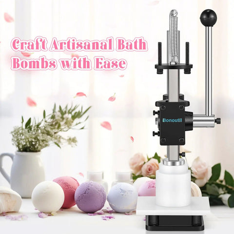 No Sweat Bath Bomb Press Machine With Seven Round Molds For Effortless Diy Soaps And Luxury Spa Fizzies Making Pro Level Crafting Kit For Home Business Hustle with colorful bath bombs.