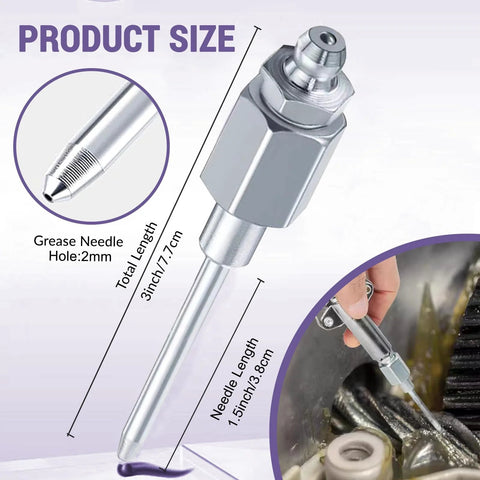 Front view of grease gun accessory kit by Amazon; silver fittings, 12in hose, 2 needle nozzles, 90° coupler