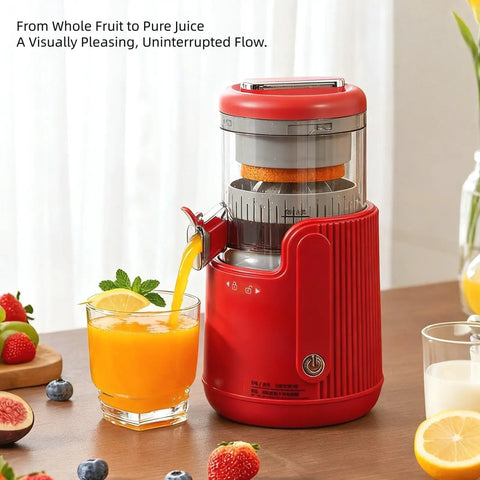 Cordless Electric Citrus Juicer For Lemons And Oranges With Rechargeable Battery One Touch Lemon Squeezer pouring juice.