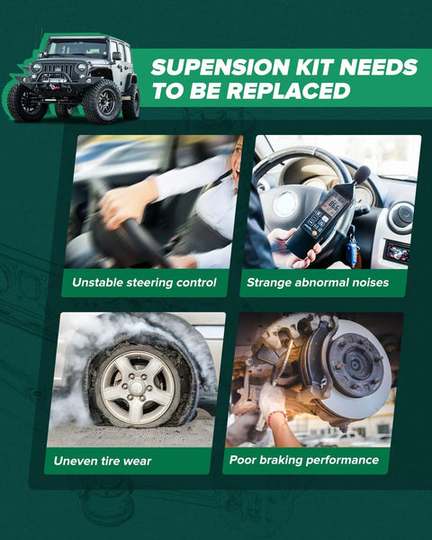 Signs you need a new suspension kit: unstable steering, abnormal noises, uneven tire wear, poor braking performance