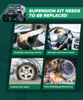 6-piece suspension kit banner with a rugged off-road vehicle and four symptom panels about suspension issues.