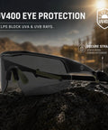 Boss Level Z87 Plus Impact Rated Safety Glasses Featuring Hella Slick Photochromic Lenses sitting on rocky surface with secure strap evident.