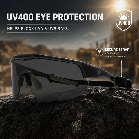 Boss Level Z87 Plus Impact Rated Safety Glasses Featuring Hella Slick Photochromic Lenses sitting on rocky surface with secure strap evident.