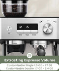Next Level Espresso Machine With Built In Burr Grinder, 20 Bar Killer Coffee Maker For Homemade Cappuccinos showing customizable grind and volume settings.
