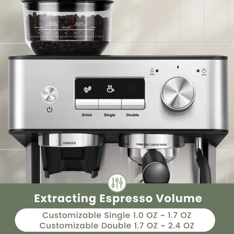 Next Level Espresso Machine With Built In Burr Grinder, 20 Bar Killer Coffee Maker For Homemade Cappuccinos showing customizable grind and volume settings.