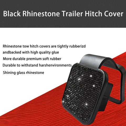 Black Rhinestone Trailer Hitch Cover for 2 Inch Receivers with durable rubber tube cap, shown on red background.