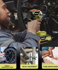 Person using Beefy Half Inch Cordless Impact Wrench With 295 Ft Lbs Torque, Brushless Motor for car maintenance