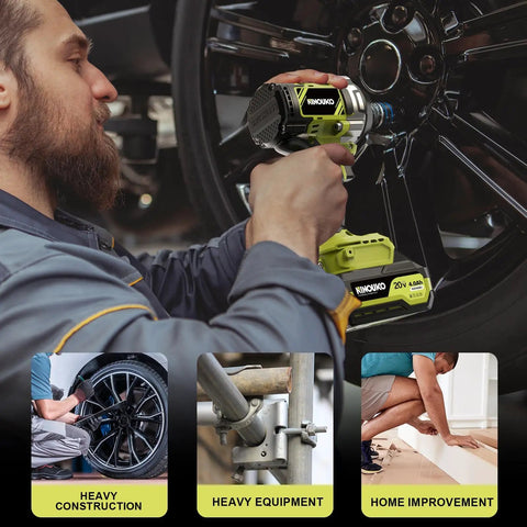 Person using Beefy Half Inch Cordless Impact Wrench With 295 Ft Lbs Torque, Brushless Motor for car maintenance