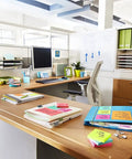 Kickass 3x3 Inch Pop Up Dispenser Notes 12 Pack arranged on a tidy office desk with colorful sticky notes for ideas.