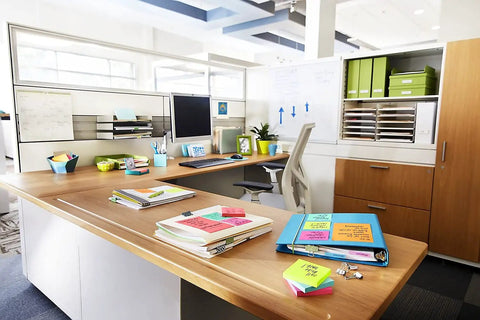 Kickass 3x3 Inch Pop Up Dispenser Notes 12 Pack arranged on a tidy office desk with colorful sticky notes for ideas.