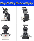 BEILOCKERY 110V hinge drilling machine, 1100W; front view with drill head and vertical column
BEILOCKERY 110V hinge drilling machine; side view showing carry handle and base
BEILOCKERY 110V hinge drilling machine; close-up of spindle area and mounting hardware
BEILOCKERY 110V hinge drilling machine; installed on workbench with rails and base
