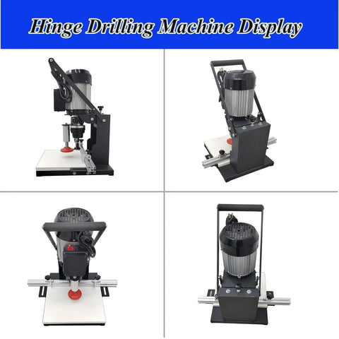 BEILOCKERY 110V hinge drilling machine, 1100W; front view with drill head and vertical column
BEILOCKERY 110V hinge drilling machine; side view showing carry handle and base
BEILOCKERY 110V hinge drilling machine; close-up of spindle area and mounting hardware
BEILOCKERY 110V hinge drilling machine; installed on workbench with rails and base