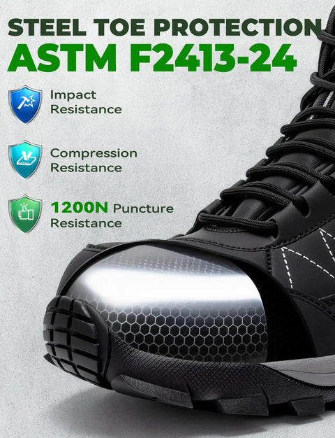 Steel Toe Work Boots For Men Waterproof Non Slip Industrial Construction Shoes Black Built For The Job Tough As Nails Outdoor Safety Footwear With Water Repellent Upper And Rugged Wear Resistant Patch For Long Lasting Protection showing close-up of steel toe protection with ASTM F2413-24 compliance details.