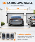 Plug And Play Road Ready Portable Level 2 EV Charger 3.5 Kw 16 Amp Nema 6-20P 240 Volt With 26 Ft J1772 Cable Smart App Control Ip55 Weather Shield For Quick Daily Boosts, extra long 8m charging cable connected to an electric vehicle.