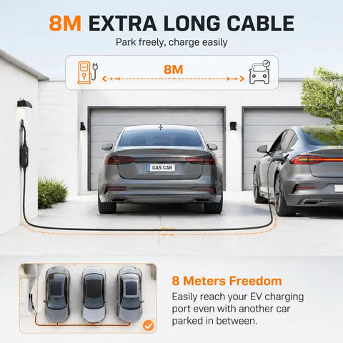 Plug And Play Road Ready Portable Level 2 EV Charger 3.5 Kw 16 Amp Nema 6-20P 240 Volt With 26 Ft J1772 Cable Smart App Control Ip55 Weather Shield For Quick Daily Boosts, extra long 8m charging cable connected to an electric vehicle.