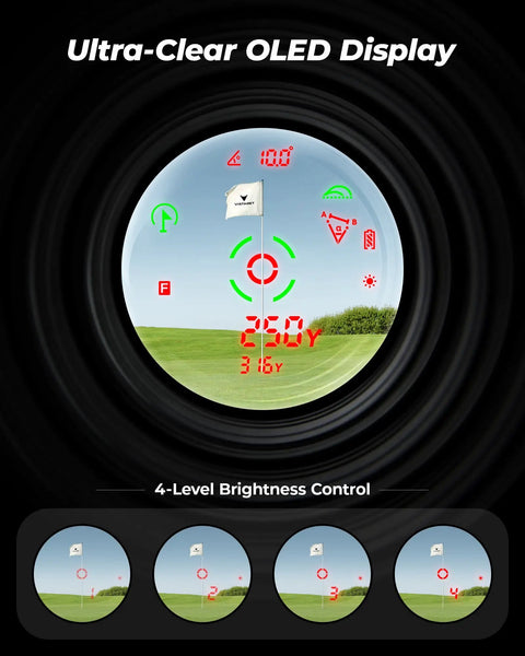 View through Golvia Pro Golf Range Finder 1200 Yards With OLED Display And 7X Magnification TriMeasure Slope On Off Flag Lock