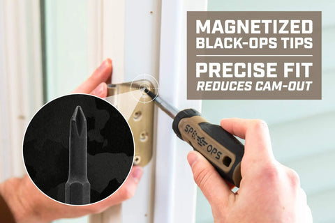 Person using Built Tough Multi Bit Screwdriver Featuring Double Sided Magnetized Tips and Ergonomic MOA Grip for precise fastening.