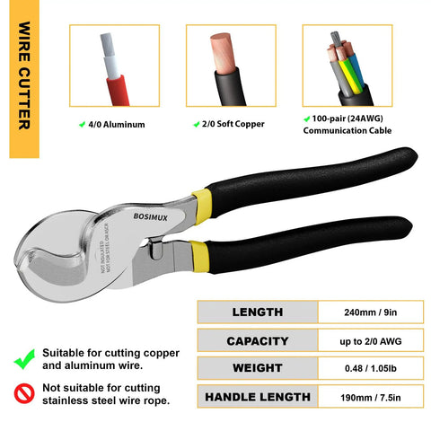 Hydraulic Crimping Tool And Cable Cutter Kit For 12-2/0 AWG Wire With 64 Copper Ring Terminals Pro Grade Heavy Duty Crimper Set For Electrical Wiring Projects, 240mm cutter