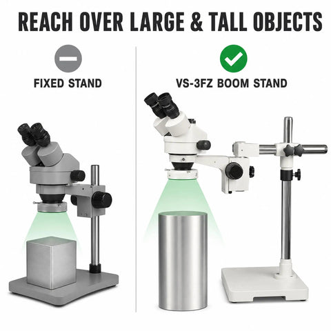 Trinocular Stereo Zoom Microscope 3.5X to 90X With Led Lighting 45 Degree Rotating Head and 360 Degree Trinocular Port for Digital Cameras or Touch Screens Interpupillary Range 54 to 76mm Eyepiece With Six Diopter Adjustment on boom stand over tall object