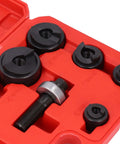 Ratchet Hole Punch Driver Kit With Six Punch Sizes in a red case for metal sheets, showing durable metal components and varied punch sizes.