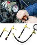 QWORK fuel pressure test kit with dual-scale gauge (0-7 bar/0-100 psi) and brass adapters installed on engine.