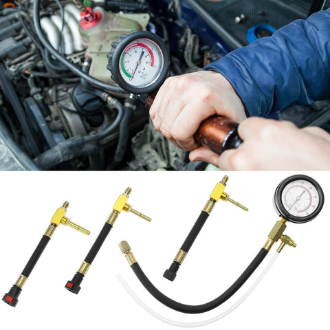 QWORK fuel pressure test kit with dual-scale gauge (0-7 bar/0-100 psi) and brass adapters installed on engine.