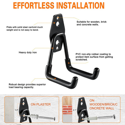 Heavy Duty Garage Hooks Six Pack Two Point Eight Inch U Shaped Wall Mounted Hanger For Ladders And Hose Tools And Bulk Items Organize Your Garage With A Durable Power And Garden Tool Storage System, shown with installation instructions on various wall types.