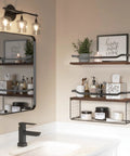 Floating Shelves With Wire Storage Basket Over Toilet Unit In Dark Brown Wood Wall Shelves feature against a bathroom wall with toiletries.