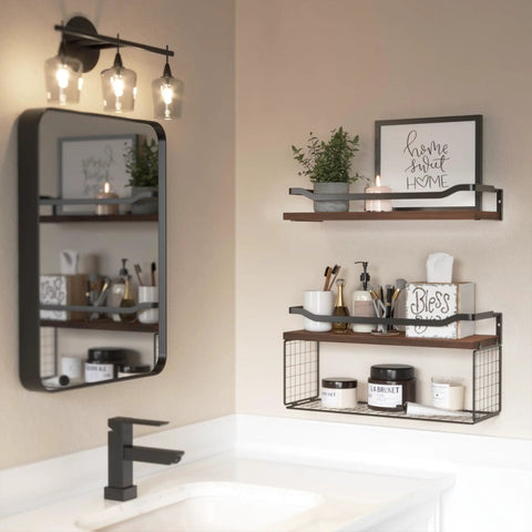 Floating Shelves With Wire Storage Basket Over Toilet Unit In Dark Brown Wood Wall Shelves feature against a bathroom wall with toiletries.