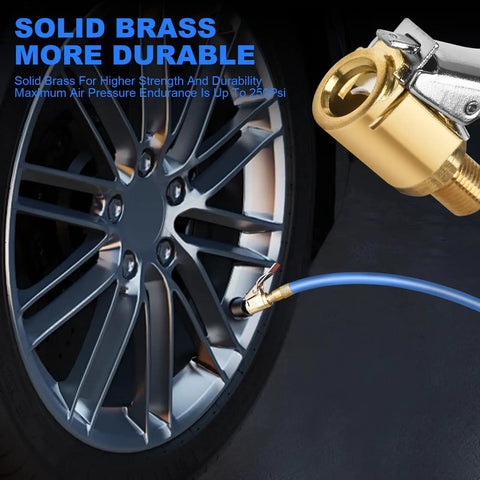 Brass Tire Inflation Hose Adapter With Locking Air Chuck And Threaded Twist Connection Converts To Locking No Leak Clamp On Tire Chuck