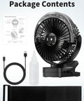 Package contents of Magnetic Golf Cart Clip On Mist Fan With Light On The Go 6 Inch Portable Cooling Device, battery, and accessories