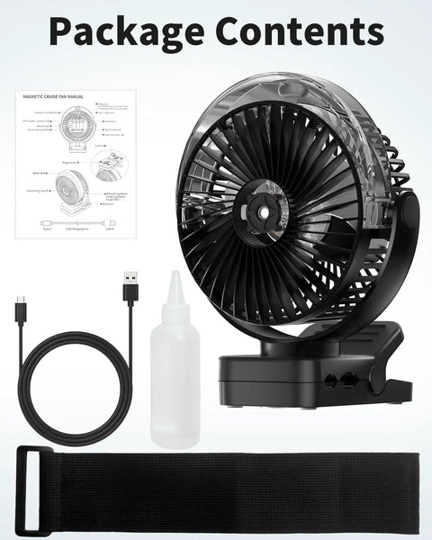 Package contents of Magnetic Golf Cart Clip On Mist Fan With Light On The Go 6 Inch Portable Cooling Device, battery, and accessories