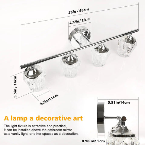 4-Light LED Vanity Light With Crystal Wall Sconces And Acrylic Shade For Bathroom Over Mirror, White Chrome Finish