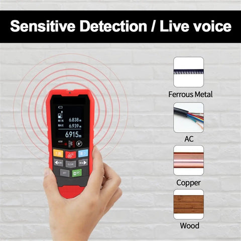 Hand holding a red Heavy Duty 4 In 1 Wall Scanner, displaying live detection readings for metals and wood.