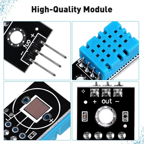 Close-up of DHT11 Temperature And Humidity Sensor Module 10 Pack Digital Single Bus 3.3V-5V with wires for Arduino and Raspberry Pi