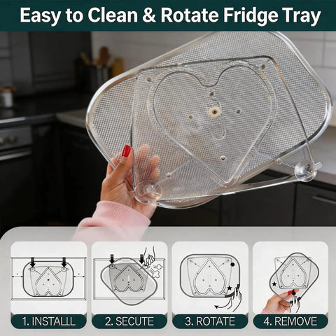 Person holding heart-shaped Two Pack Clear Acrylic Fridge Lazy Susan Organizer with 360 Degree Rotating Turntable in kitchen